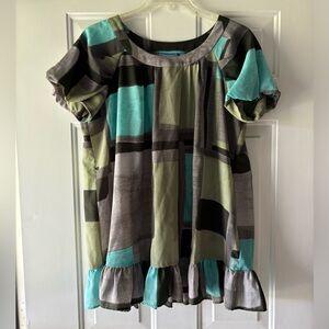 Simply Vera Vera Wang Blue Green Ruffled Puff Sleeve Top in XL